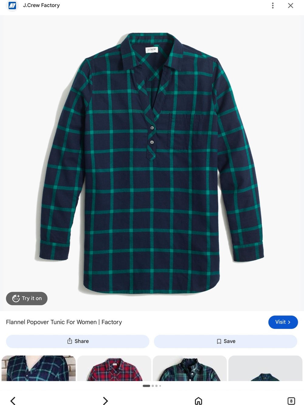 J. Crew Navy and Teal Plaid Flannel Popover Tunic